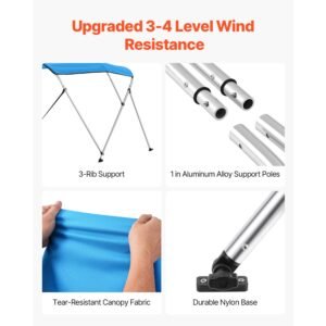 3 bow boat bimini top, 600d polyester canopy with aluminum alloy frame, waterproof & sun shade boat awning canopy with storage bag, 2 support poles, 4 straps, 72"lx(73" 78")wx46"h, pacific blue