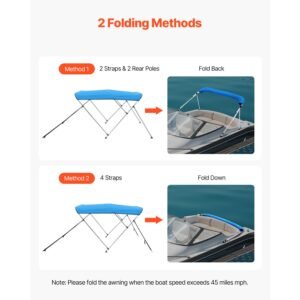 3 bow boat bimini top, 600d polyester canopy with aluminum alloy frame, waterproof & sun shade boat awning canopy with storage bag, 2 support poles, 4 straps, 72"lx(73" 78")wx46"h, pacific blue