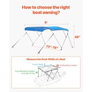 3 bow boat bimini top, 600d polyester canopy with aluminum alloy frame, waterproof & sun shade boat awning canopy with storage bag, 2 support poles, 4 straps, 72"lx(73" 78")wx46"h, pacific blue