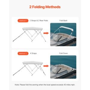 3 bow boat bimini tops, 600d polyester canopy with aluminum alloy frame, waterproof & sun shade boat awning canopy with storage bag, 2 support poles, 4 straps, 72"lx(79" 84")wx46"h, light grey