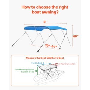 3 bow boat bimini tops, 600d polyester canopy with aluminum alloy frame, waterproof & sun shade boat awning canopy with storage bag, 2 support poles, 4 straps, 72"lx(79" 84")wx46"h, pacific blue