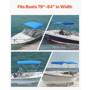 3 bow boat bimini tops, 600d polyester canopy with aluminum alloy frame, waterproof & sun shade boat awning canopy with storage bag, 2 support poles, 4 straps, 72"lx(79" 84")wx46"h, pacific blue