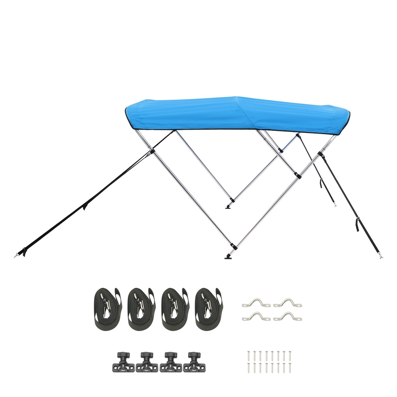 3 bow boat bimini tops, 600d polyester canopy with aluminum alloy frame, waterproof & sun shade boat awning canopy with storage bag, 2 support poles, 4 straps, 72"lx(79" 84")wx46"h, pacific blue