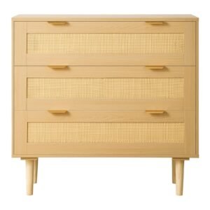 3 drawer rattan dresser, modern closet dresser for bedroom, natural rattan chest of drawers with metal handles & wooden legs, chest clothing organizer & storage for bedroom, living room, hallway