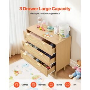3 drawer rattan dresser, modern closet dresser for bedroom, natural rattan chest of drawers with metal handles & wooden legs, chest clothing organizer & storage for bedroom, living room, hallway
