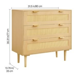 3 drawer rattan dresser, modern closet dresser for bedroom, natural rattan chest of drawers with metal handles & wooden legs, chest clothing organizer & storage for bedroom, living room, hallway