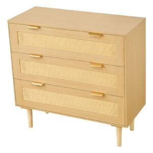 3 drawer rattan dresser, modern closet dresser for bedroom, natural rattan chest of drawers with metal handles & wooden legs, chest clothing organizer & storage for bedroom, living room, hallway