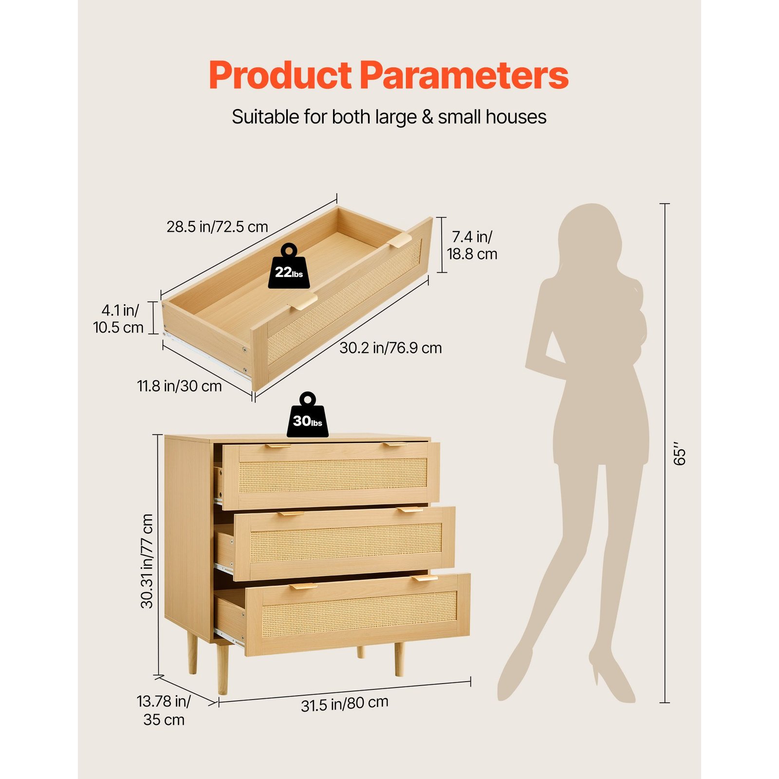 3 drawer rattan dresser, modern closet dresser for bedroom, natural rattan chest of drawers with metal handles & wooden legs, chest clothing organizer & storage for bedroom, living room, hallway