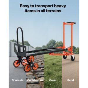 3 in 1 industrial convertible stair climbing cart, 770 lbs max load, folding hand truck dolly with handle & wheels, stair climbing utility trolley for transport & moving, orange & silver