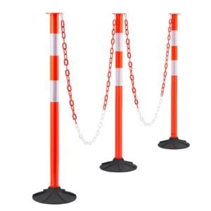 3 Pack Traffic Delineator Posts, 34 in Traffic Safety Cones with Weighted Base, Reflective Strips and Chain, Heavy Duty Delineator Posts for Construction Site, Parking Lot, Crowd Control, Red