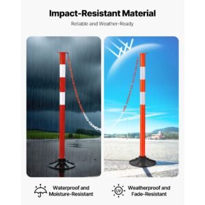 3 pack traffic delineator posts, 34 in traffic safety cones with weighted base, reflective strips and chain, heavy duty delineator posts for construction site, parking lot, crowd control, red
