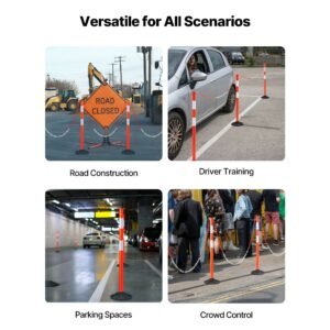 3 pack traffic delineator posts, 34 in traffic safety cones with weighted base, reflective strips and chain, heavy duty delineator posts for construction site, parking lot, crowd control, red