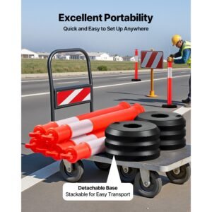 3 pack traffic delineator posts, 48 inches traffic safety cones with fillable base and reflective strips, heavy duty delineator posts for construction site, parking lot, crowd control, red