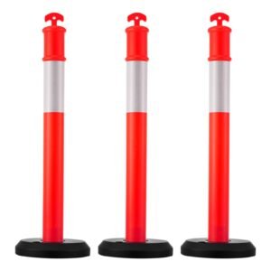 3 Pack Traffic Delineator Posts, 48 inches Traffic Safety Cones with Fillable Base and Reflective Strips, Heavy Duty Delineator Posts for Construction Site, Parking Lot, Crowd Control, Red