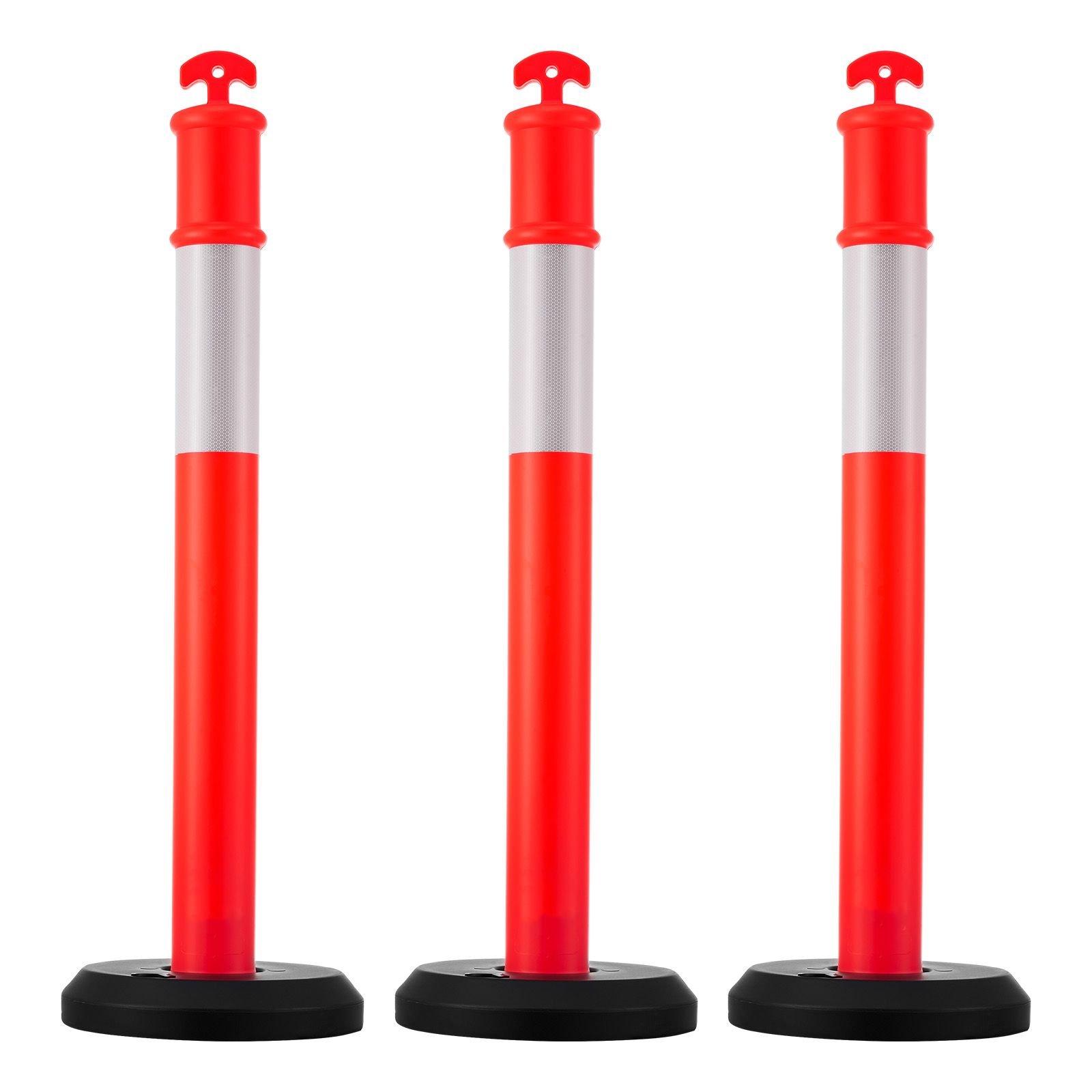 3 pack traffic delineator posts, 48 inches traffic safety cones with fillable base and reflective strips, heavy duty delineator posts for construction site, parking lot, crowd control, red