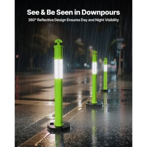 3 pack traffic delineator posts, 48 inches traffic safety cones with weighted base and reflective strips, heavy duty delineator posts for construction site, parking lot, crowd control, green