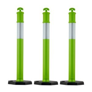 3 Pack Traffic Delineator Posts, 48 inches Traffic Safety Cones with Weighted Base and Reflective Strips, Heavy Duty Delineator Posts for Construction Site, Parking Lot, Crowd Control, Green