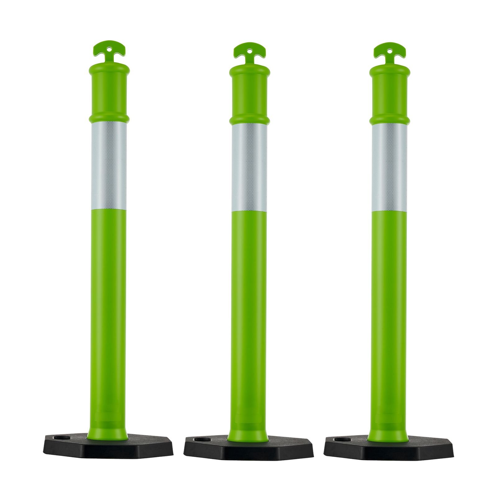 3 pack traffic delineator posts, 48 inches traffic safety cones with weighted base and reflective strips, heavy duty delineator posts for construction site, parking lot, crowd control, green