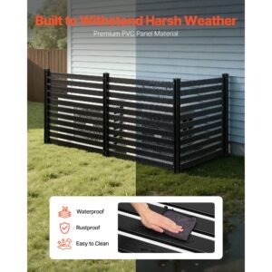 3 panels outdoor privacy screen, 50 x 48 in air conditioner fence with 27.6 in ground stakes, pool equipment enclosure, vinyl privacy fence, ideal for trash can and a/c units, black