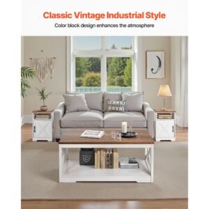 3 pieces farmhouse coffee table sets, 40 in industrial coffee table with 2 end side tables, easy assembly coffee and end tables sets with charging station, for office, living room & apartment