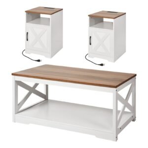 3 Pieces Farmhouse Coffee Table Sets, 40 in Industrial Coffee Table with 2 End Side Tables, Easy Assembly Coffee and End Tables Sets with Charging Station, for Office, Living Room & Apartment