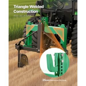 3 point quick hitch, 4000 lbs lift capacity, 3 pt trailer hitch with 5 level adjustable bolt, adaptation to category 2 tractor, heavy duty 3 point attachments, green