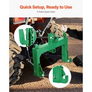 3 point quick hitch with 2 in receiver, 3000 lbs lift capacity, 3 pt hitch with 5 level adjustable bolt, adaptation to category 1 & 2 tractor, heavy duty 3 point attachments, green