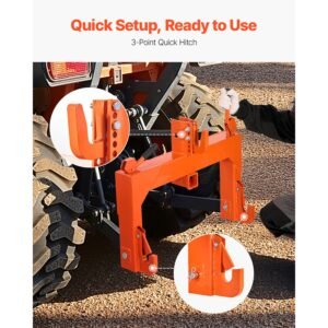 3 point quick hitch with 2 in receiver, 3000 lbs lift capacity, 3 pt hitch with 5 level adjustable bolt, adaptation to category 1 & 2 tractor, heavy duty 3 point attachments, orange