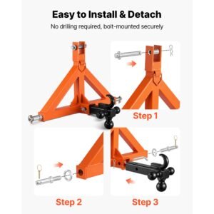 3 point trailer hitch with 2" receiver, 3 pt quick hitch attachment with 3 trailer balls, tractor tow drawbar adapter for category 1, kubota, mahindra, ford, yanmar, john deere, massey ferguson