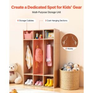 3 section kids coat locker, wooden toddler cubby storage organizer with 6 hooks & non slip mat, modern kid coat cubbies with 6 small open storage boxes for home, kindergarten, daycare, natural