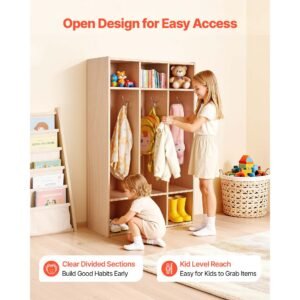 3 section kids coat locker, wooden toddler cubby storage organizer with 6 hooks & non slip mat, modern kid coat cubbies with 6 small open storage boxes for home, kindergarten, daycare, natural