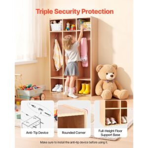 3 section kids coat locker, wooden toddler cubby storage organizer with 6 hooks & non slip mat, modern kid coat cubbies with 6 small open storage boxes for home, kindergarten, daycare, natural