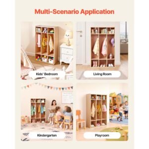 3 section kids coat locker, wooden toddler cubby storage organizer with 6 hooks & non slip mat, modern kid coat cubbies with 6 small open storage boxes for home, kindergarten, daycare, natural