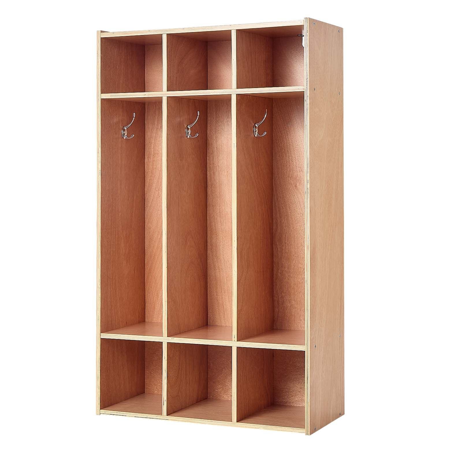 3 section kids coat locker, wooden toddler cubby storage organizer with 6 hooks & non slip mat, modern kid coat cubbies with 6 small open storage boxes for home, kindergarten, daycare, natural