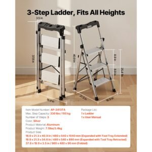3 step ladder, folding step stool with wide anti slip pedal and comfort handgrip, 330 lbs capacity portable aluminum stepladder, multi use for kitchen, warehouse, household and office, silver