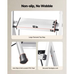 3 step ladder, folding step stool with wide anti slip pedal and comfort handgrip, 330 lbs capacity portable aluminum stepladder, multi use for kitchen, warehouse, household and office, silver