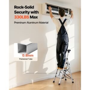 3 step ladder, folding step stool with wide anti slip pedal and comfort handgrip, 330 lbs capacity portable aluminum stepladder, multi use for kitchen, warehouse, household and office, silver