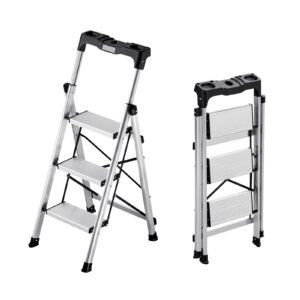 3 Step Ladder, Folding Step Stool with Wide Anti-Slip Pedal and Comfort Handgrip, 330 lbs Capacity Portable Aluminum Stepladder, Multi-Use for Kitchen, Warehouse, Household and Office, Silver