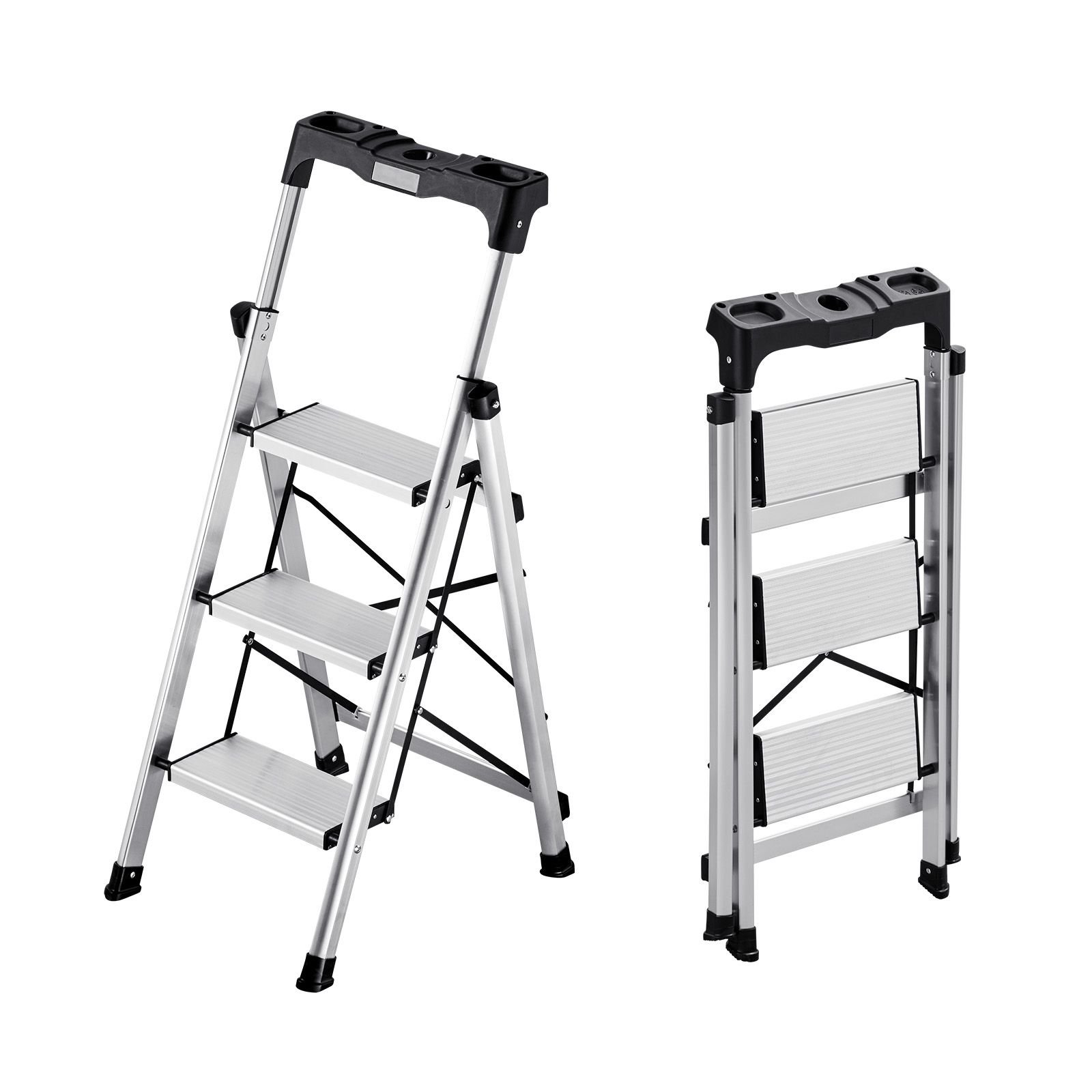 3 step ladder, folding step stool with wide anti slip pedal and comfort handgrip, 330 lbs capacity portable aluminum stepladder, multi use for kitchen, warehouse, household and office, silver