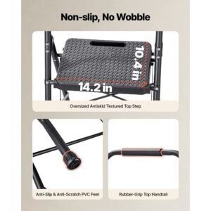 3 step ladder, folding step stool with wide anti slip pedal and comfort handgrip, lightweight 600 lbs capacity portable steel ladder, multi use for kitchen, home, household and office, black