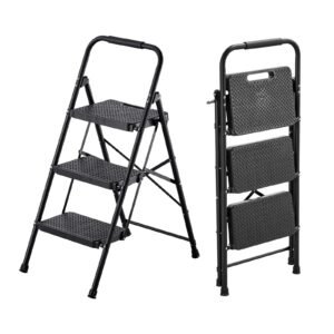3 Step Ladder, Folding Step Stool with Wide Anti-Slip Pedal and Comfort Handgrip, Lightweight 600 lbs Capacity Portable Steel Ladder, Multi-Use for Kitchen, Home, Household and Office, Black