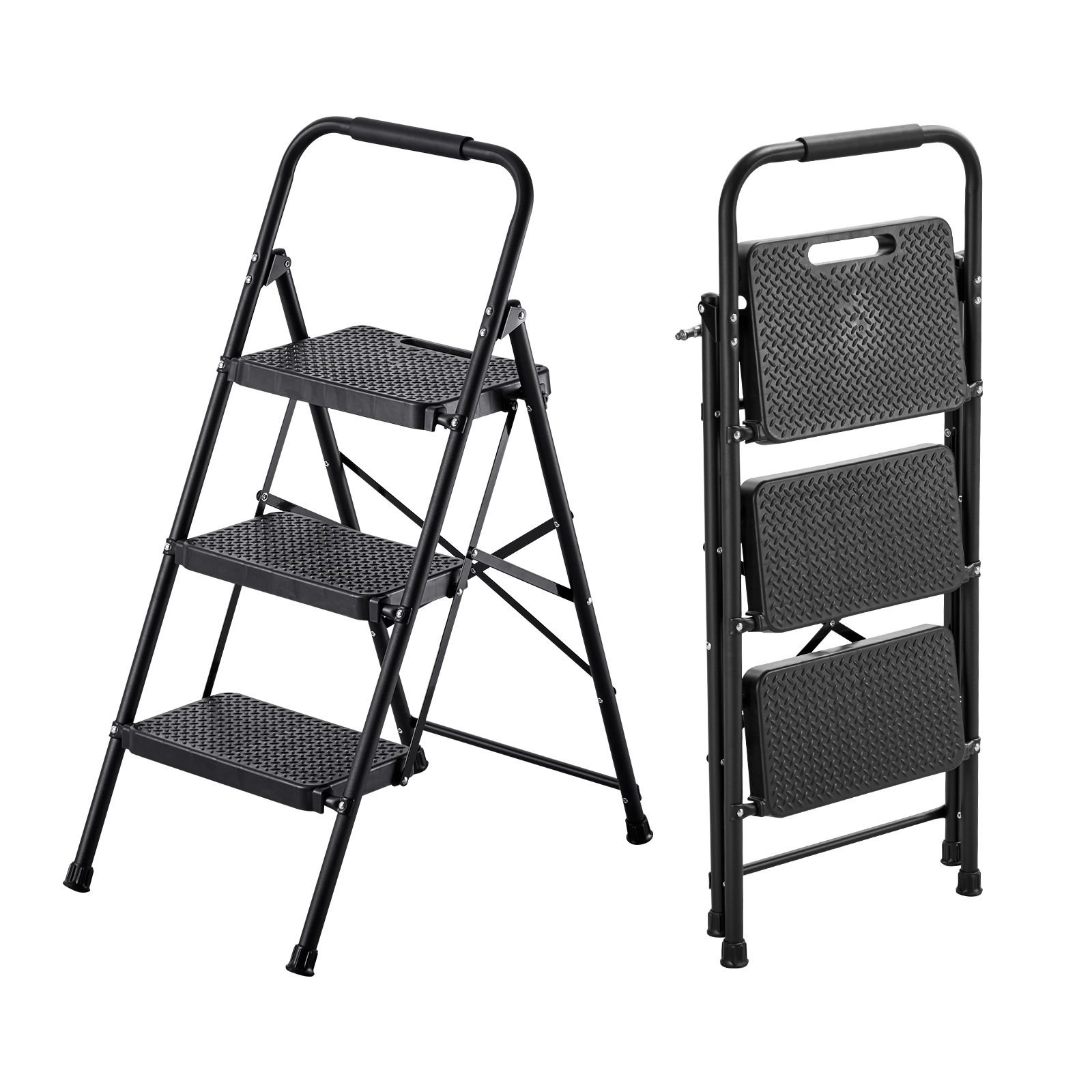 3 step ladder, folding step stool with wide anti slip pedal and comfort handgrip, lightweight 600 lbs capacity portable steel ladder, multi use for kitchen, home, household and office, black
