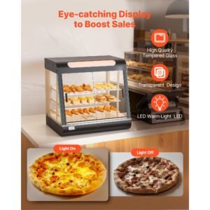 3 tier commercial food warmer display, 1200w food display warmer with led light, top storage and adjustable shelves, 86 185 fahrenheit steam heating, 106qt/100l for hamburger, pizza, bread