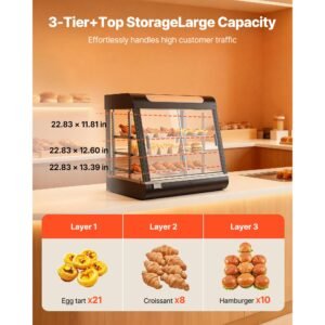 3 tier commercial food warmer display, 1200w food display warmer with led light, top storage and adjustable shelves, 86 185 fahrenheit steam heating, 106qt/100l for hamburger, pizza, bread