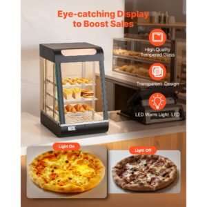 3 tier commercial food warmer display, 800w food display warmer with led light, top storage and adjustable shelves, 86 185 fahrenheit steam heating, 60 qt /57l for hamburger, pizza, bread