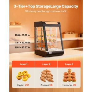 3 tier commercial food warmer display, 800w food display warmer with led light, top storage and adjustable shelves, 86 185 fahrenheit steam heating, 60 qt /57l for hamburger, pizza, bread