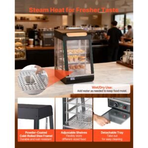 3 tier commercial food warmer display, 800w food display warmer with led light, top storage and adjustable shelves, 86 185 fahrenheit steam heating, 60 qt /57l for hamburger, pizza, bread