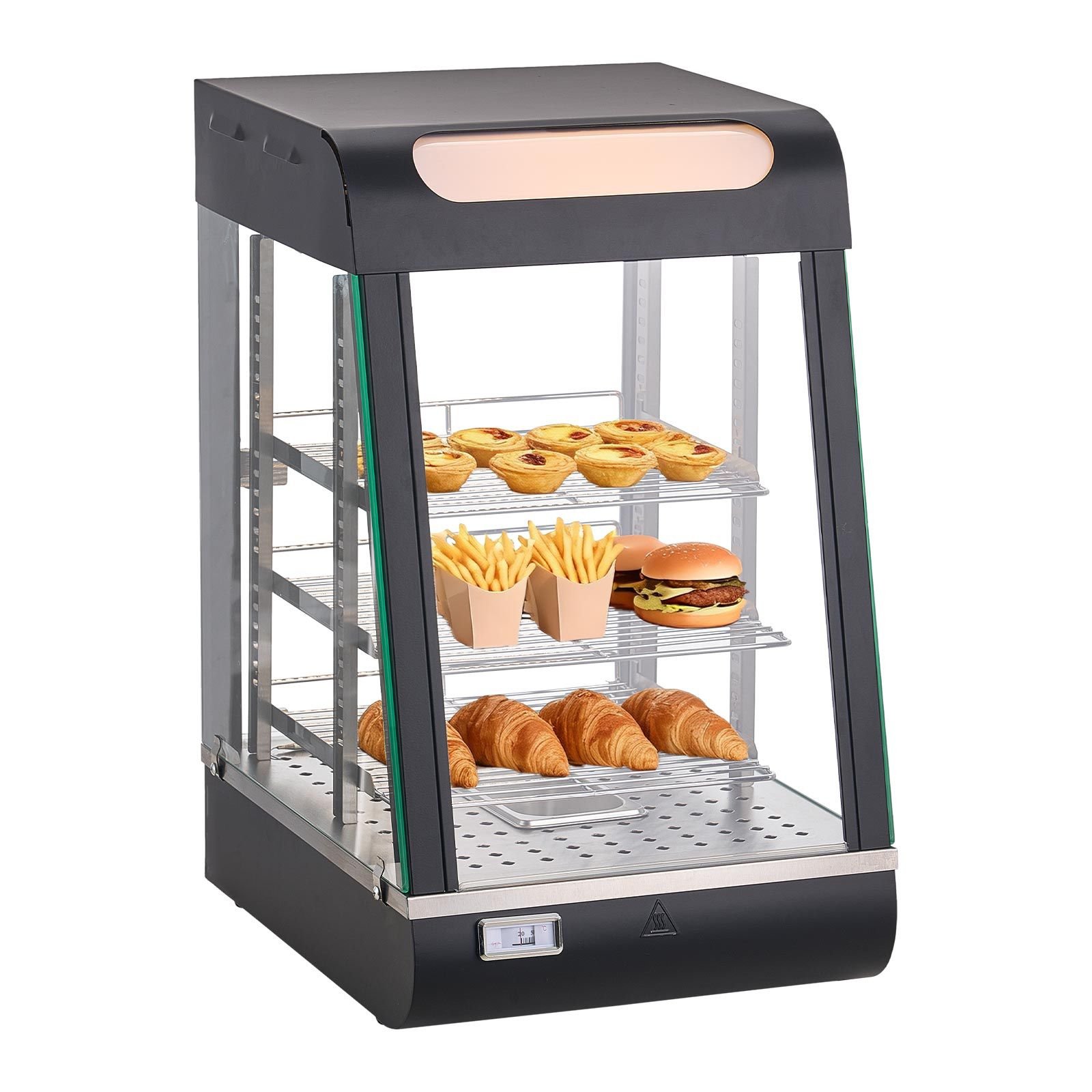 3 tier commercial food warmer display, 800w food display warmer with led light, top storage and adjustable shelves, 86 185 fahrenheit steam heating, 60 qt /57l for hamburger, pizza, bread