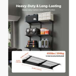 3 tier heavy duty wall garage shelving, 0.9 x 3 ft steel wall mounted shelving unit, 11 x 36 inch per shelf floating storage metal rack for garage with 450 lbs total weight capacity, black