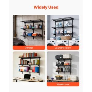 3 tier heavy duty wall garage shelving, 0.9 x 3 ft steel wall mounted shelving unit, 11 x 36 inch per shelf floating storage metal rack for garage with 450 lbs total weight capacity, black